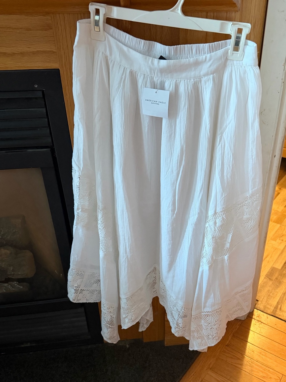 aerie White Lace-Trim A-Line Midi Skirt